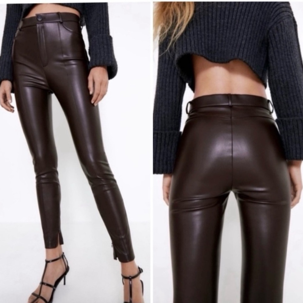 Zara Hi-Rise brown faux leather legging pant with ankle zip detail. NWT. Size XL